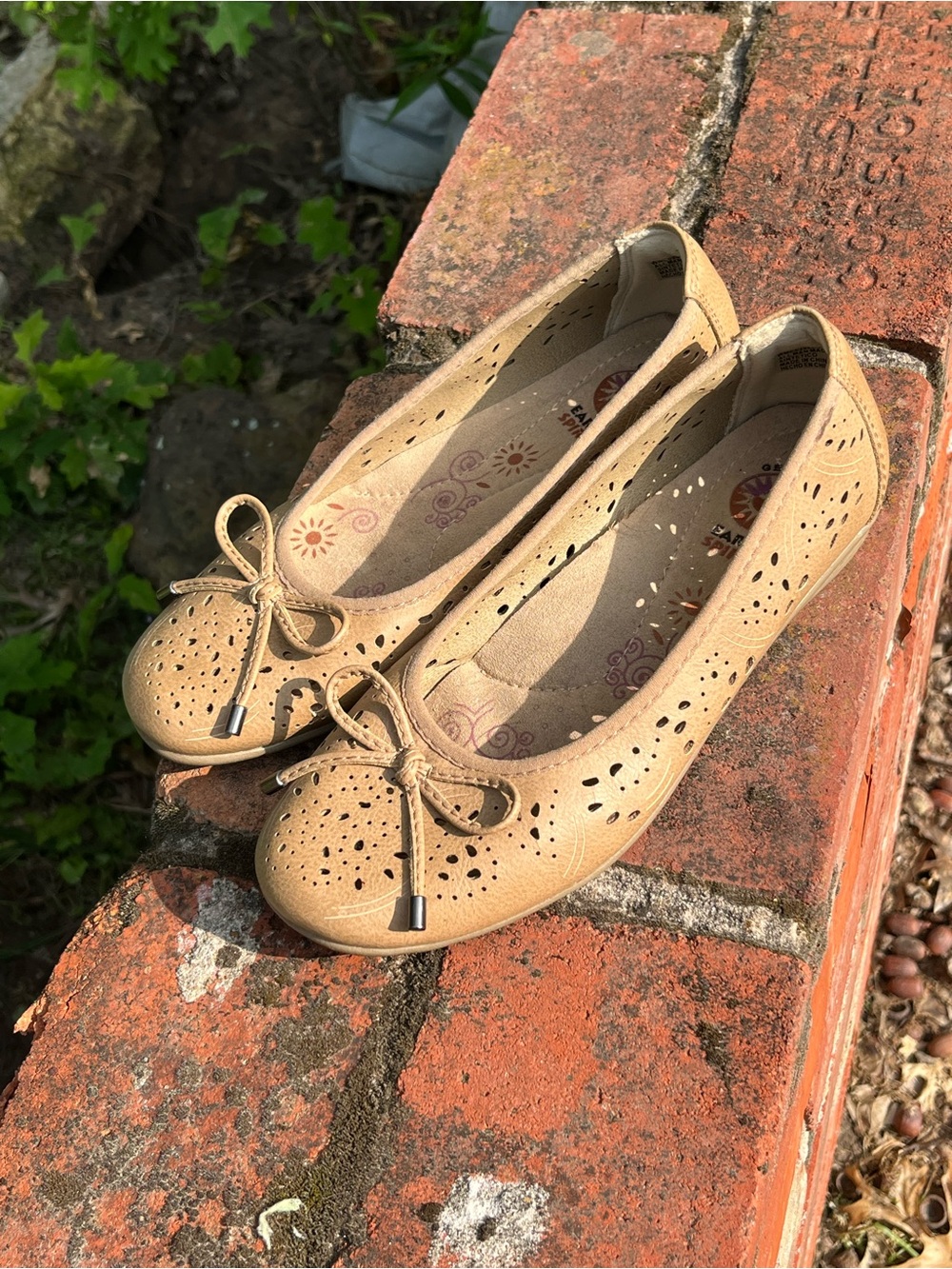 Women’s Tan Perforated Ballet Flats with Bow